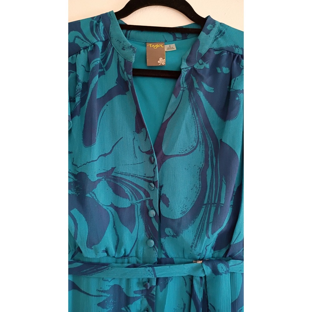 Taylor Teal Navy Blue Marble Print Tiered Maxi Dress Flutter Sleeve Sz 6 Cottage - Picture 5 of 7
